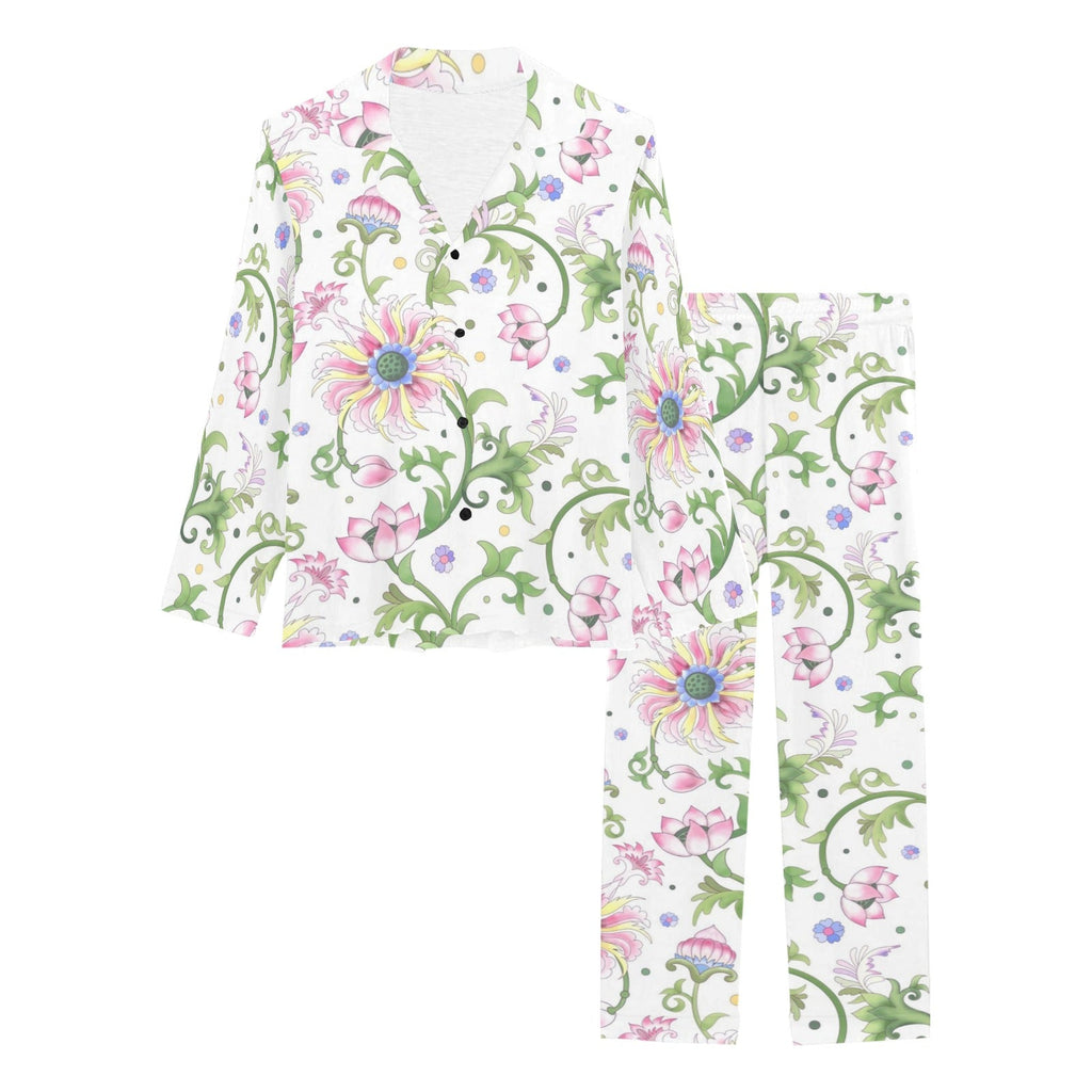 Beautiful pink lotus waterlily leaves pattern Women's Long Pajama Set
