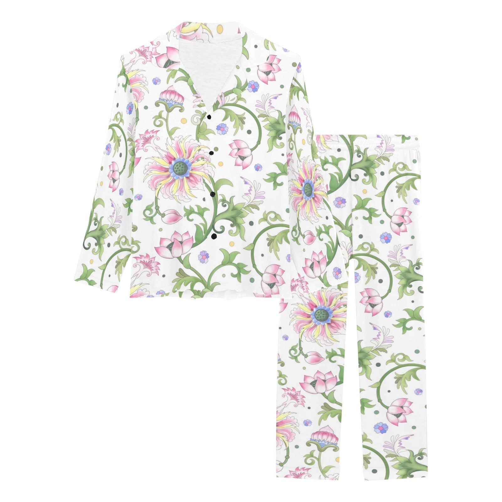 Beautiful pink lotus waterlily leaves pattern Women's Long Pajama Set