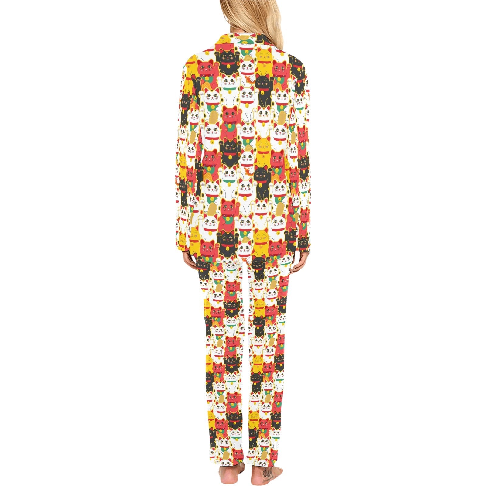 Colorful Maneki neko cat pattern Women's Long Pajama Set