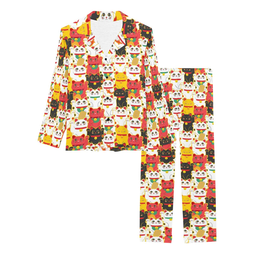 Colorful Maneki neko cat pattern Women's Long Pajama Set