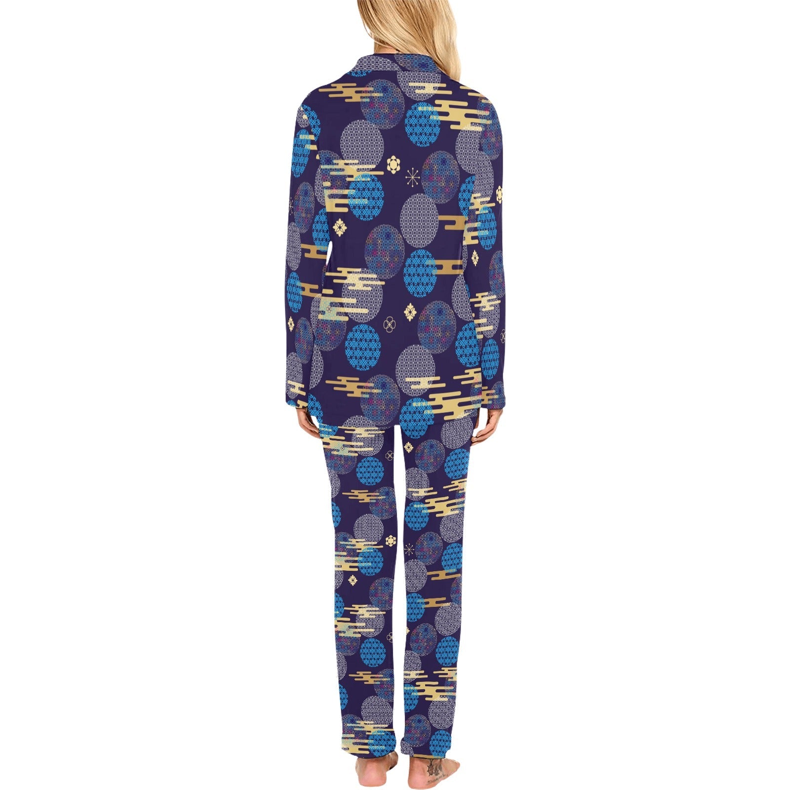 Blue japanese pattern cloud wave flower Women's Long Pajama Set