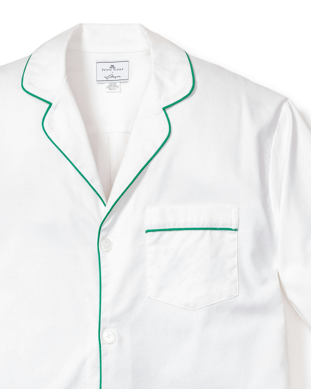Men's Twill Pajama Set in White with Green Piping