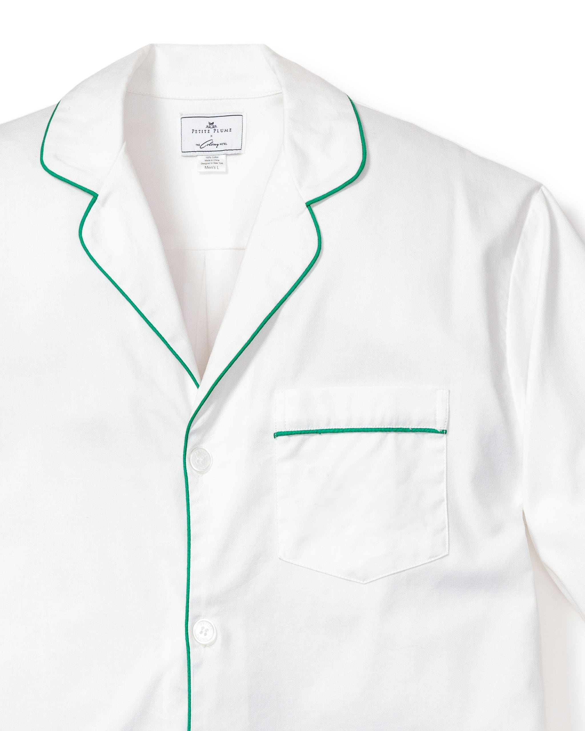 Men's Twill Pajama Set in White with Green Piping