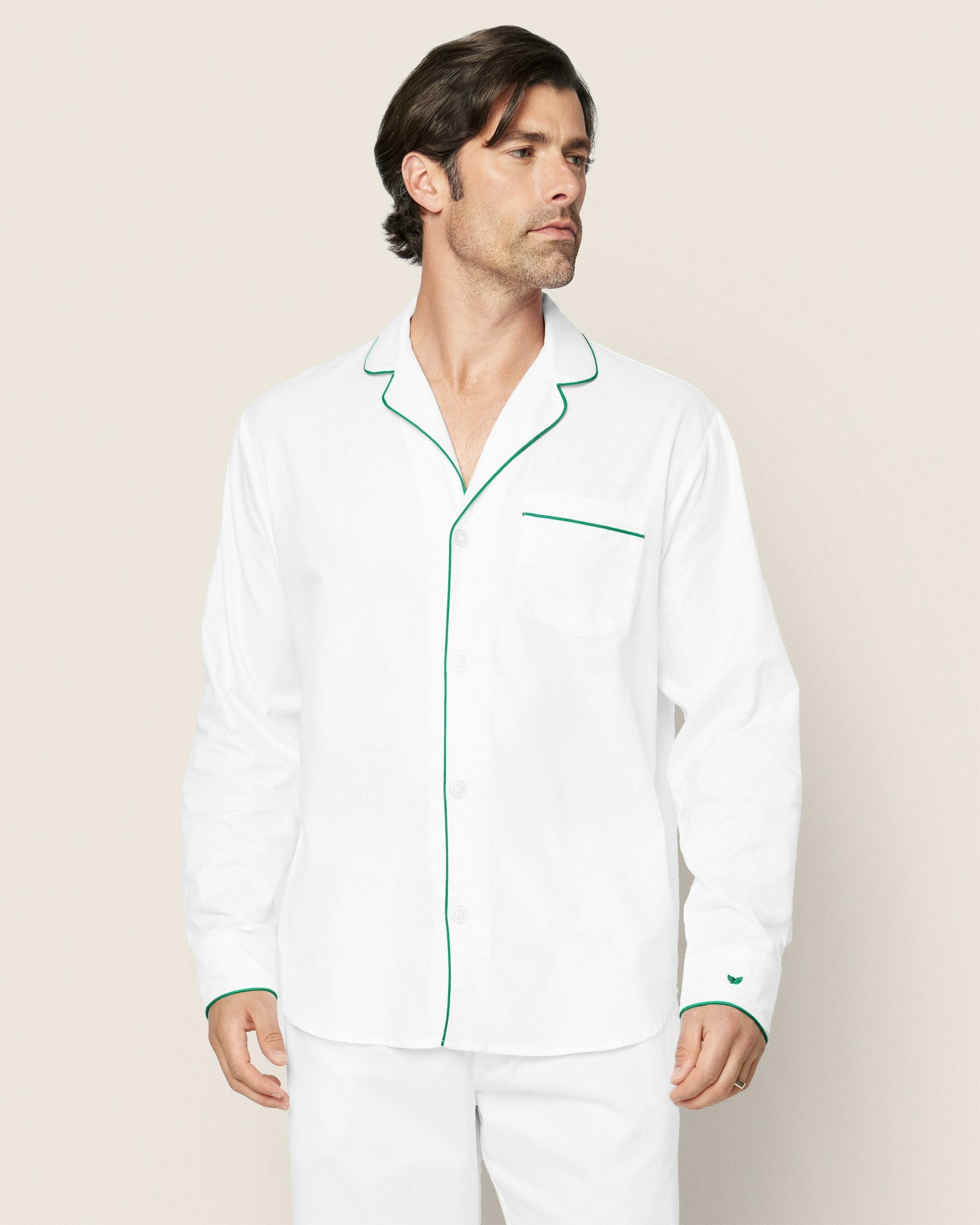 Men's Twill Pajama Set in White with Green Piping