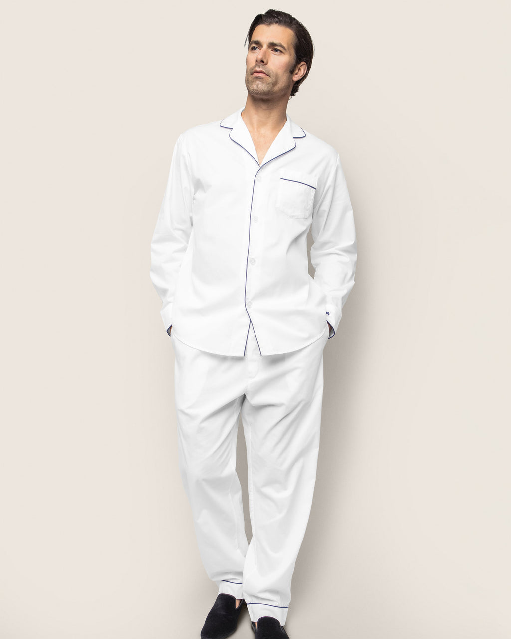 Men's Twill Pajama Set in White with Green Piping