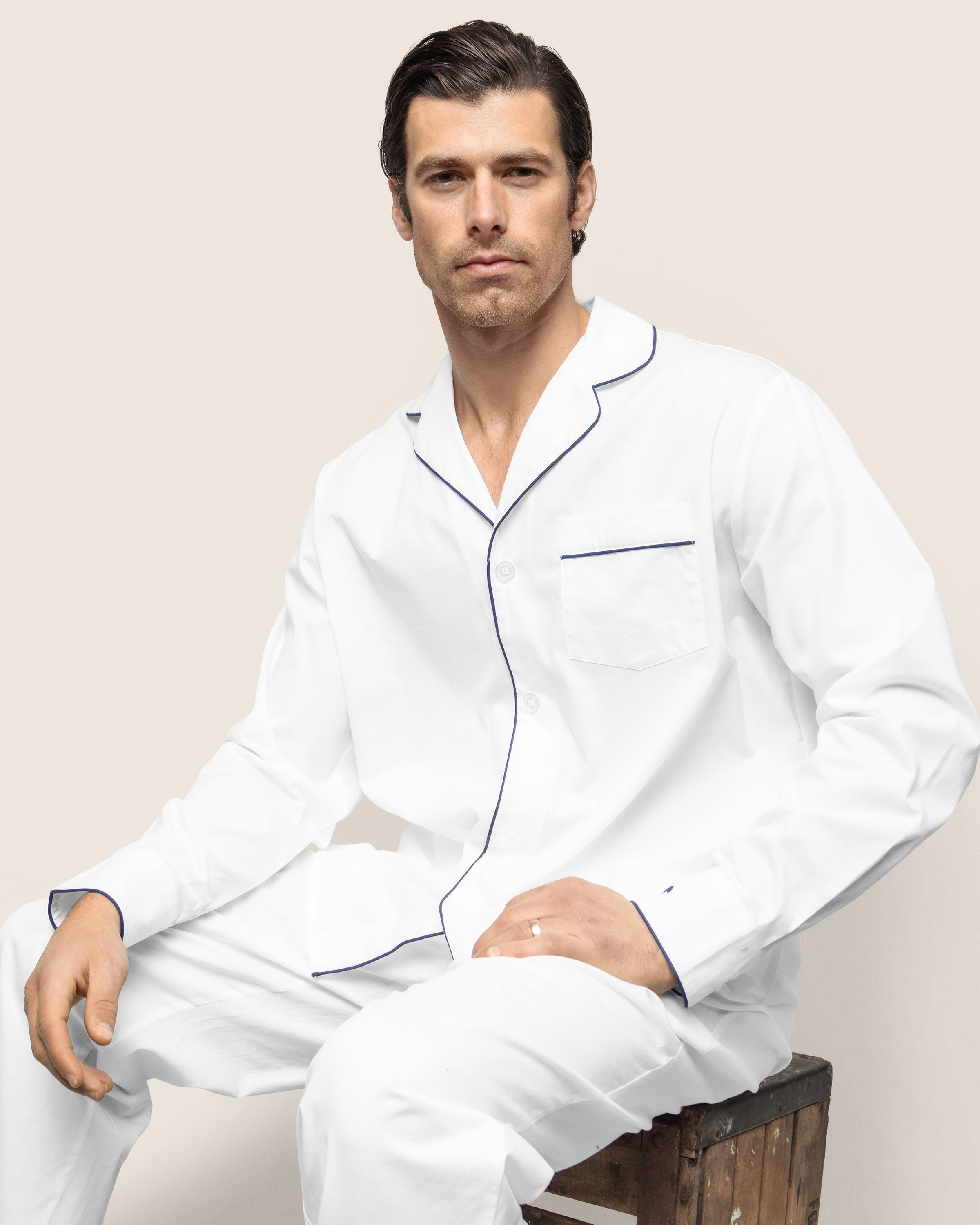 Men's Twill Pajama Set in White with Green Piping