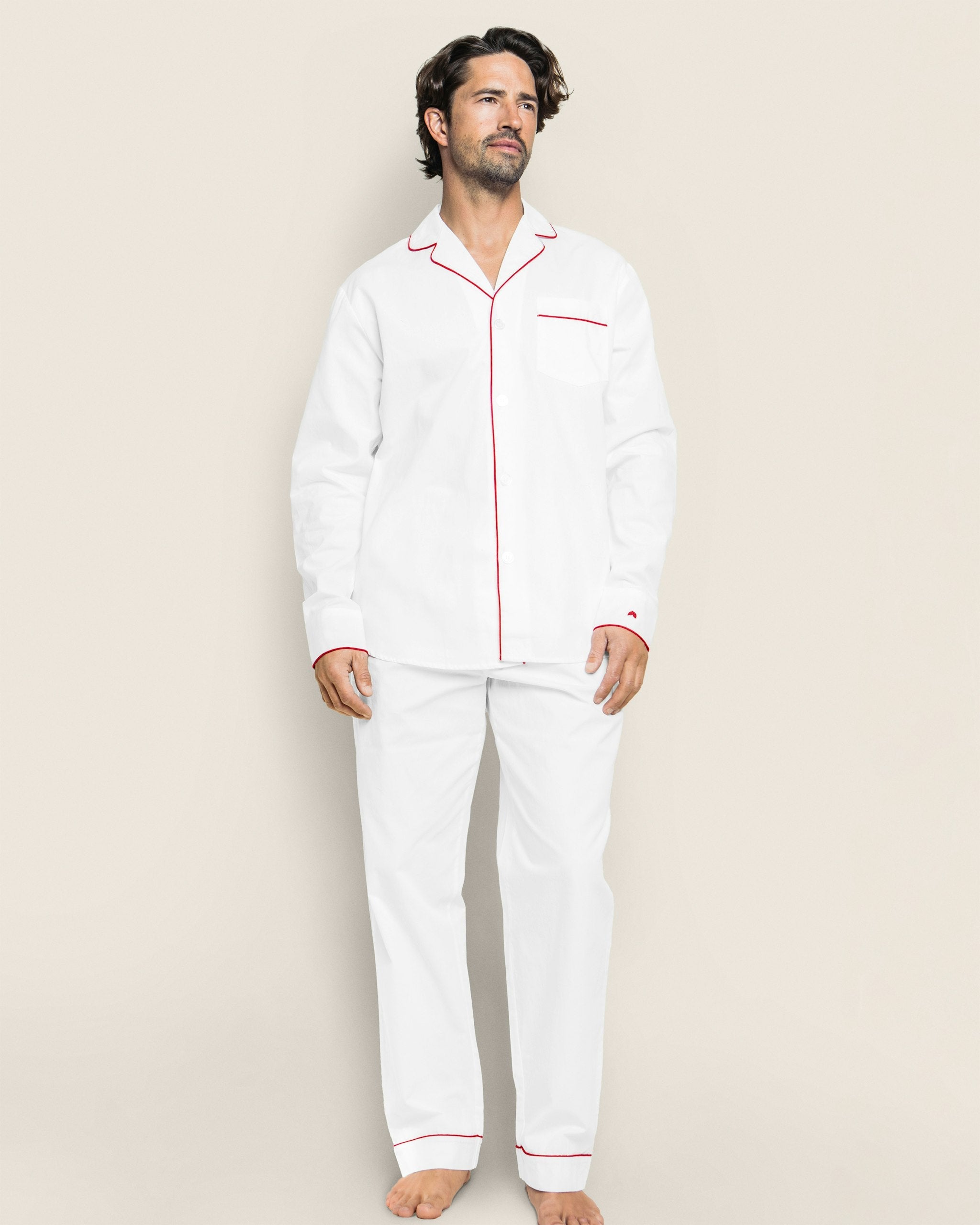 Men's Twill Pajama Set in White with Green Piping