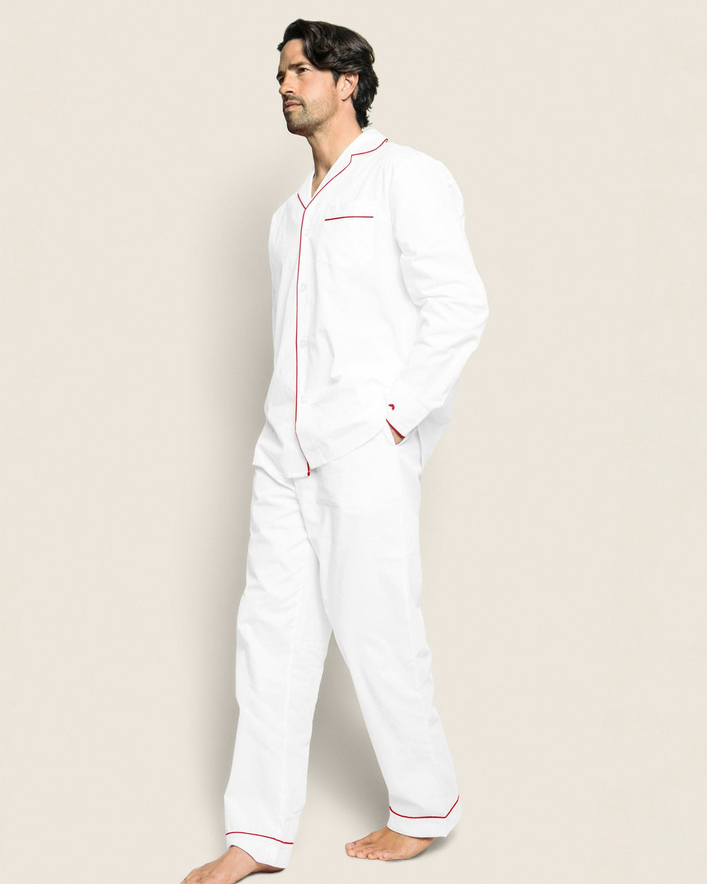 Men's Twill Pajama Set in White with Green Piping