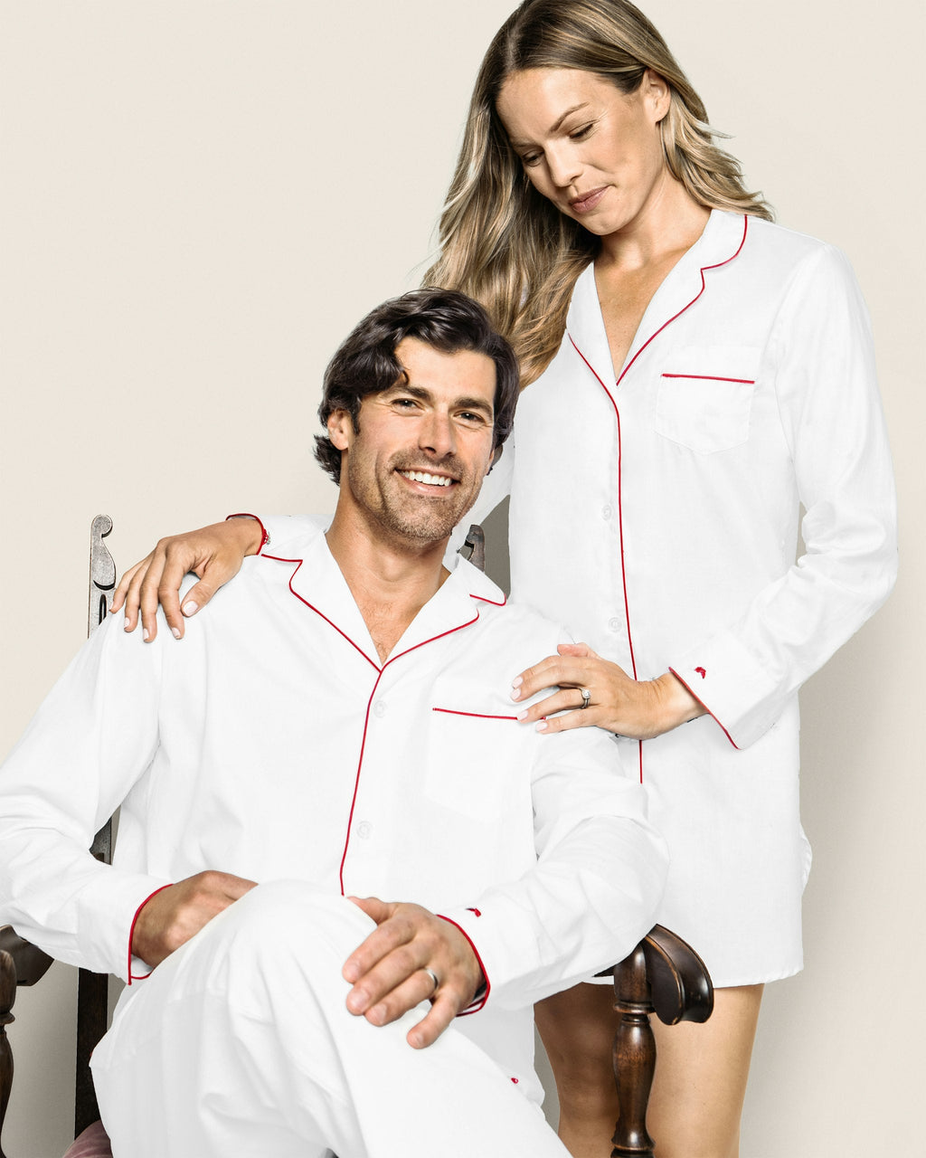 Men's Twill Pajama Set in White with Green Piping