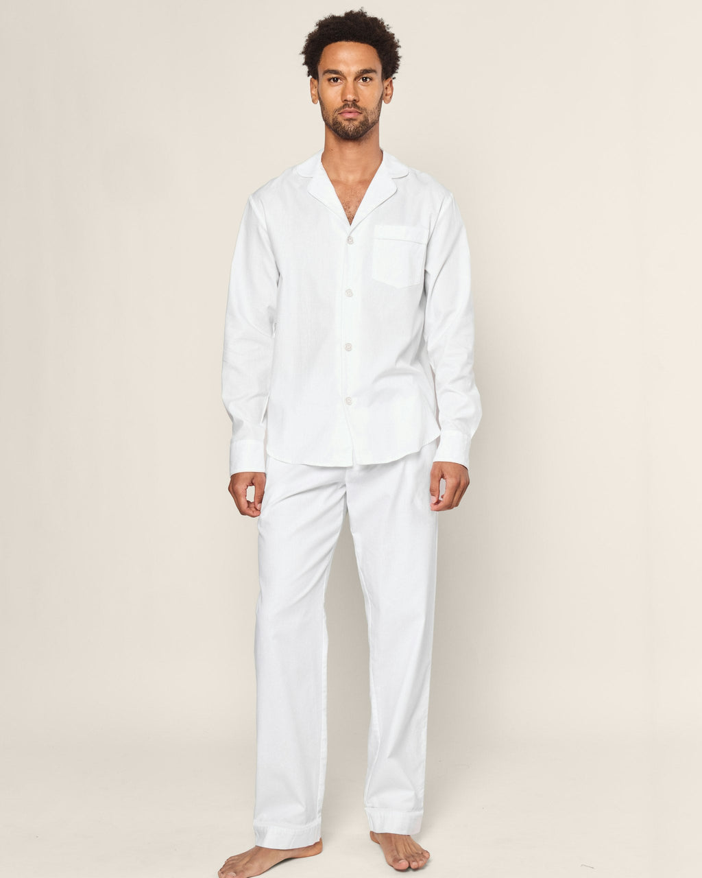 Men's Twill Pajama Set in White with Green Piping