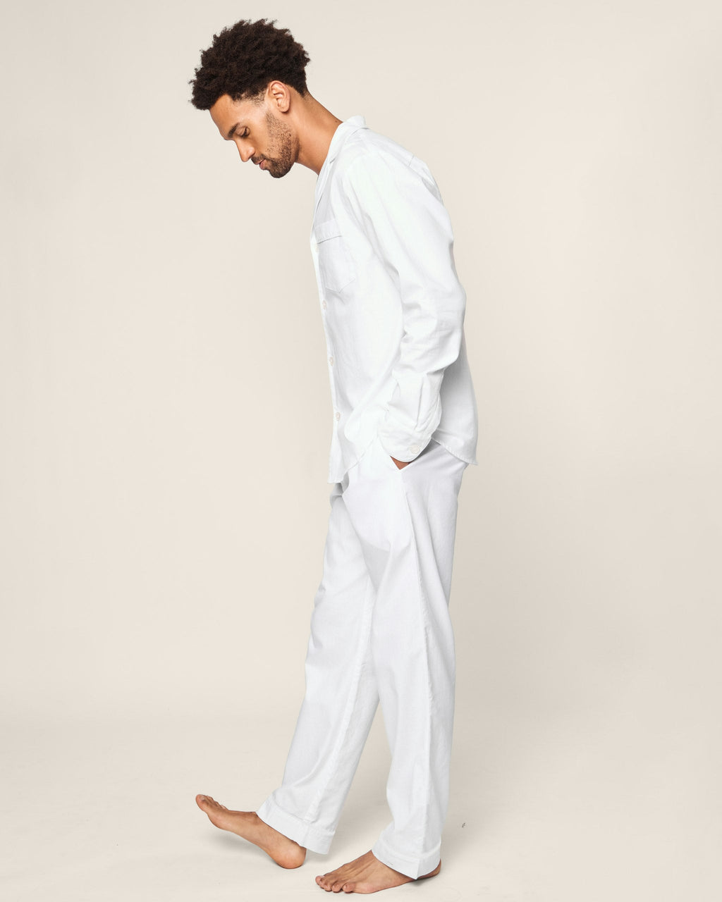 Men's Twill Pajama Set in White with Green Piping