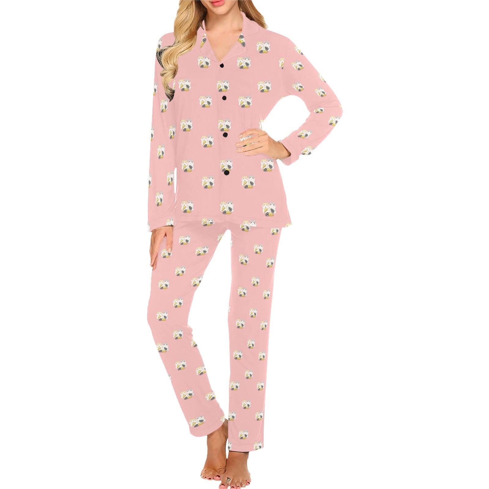 Cute hamster cheese pattern pink background Women's Long Pajama Set