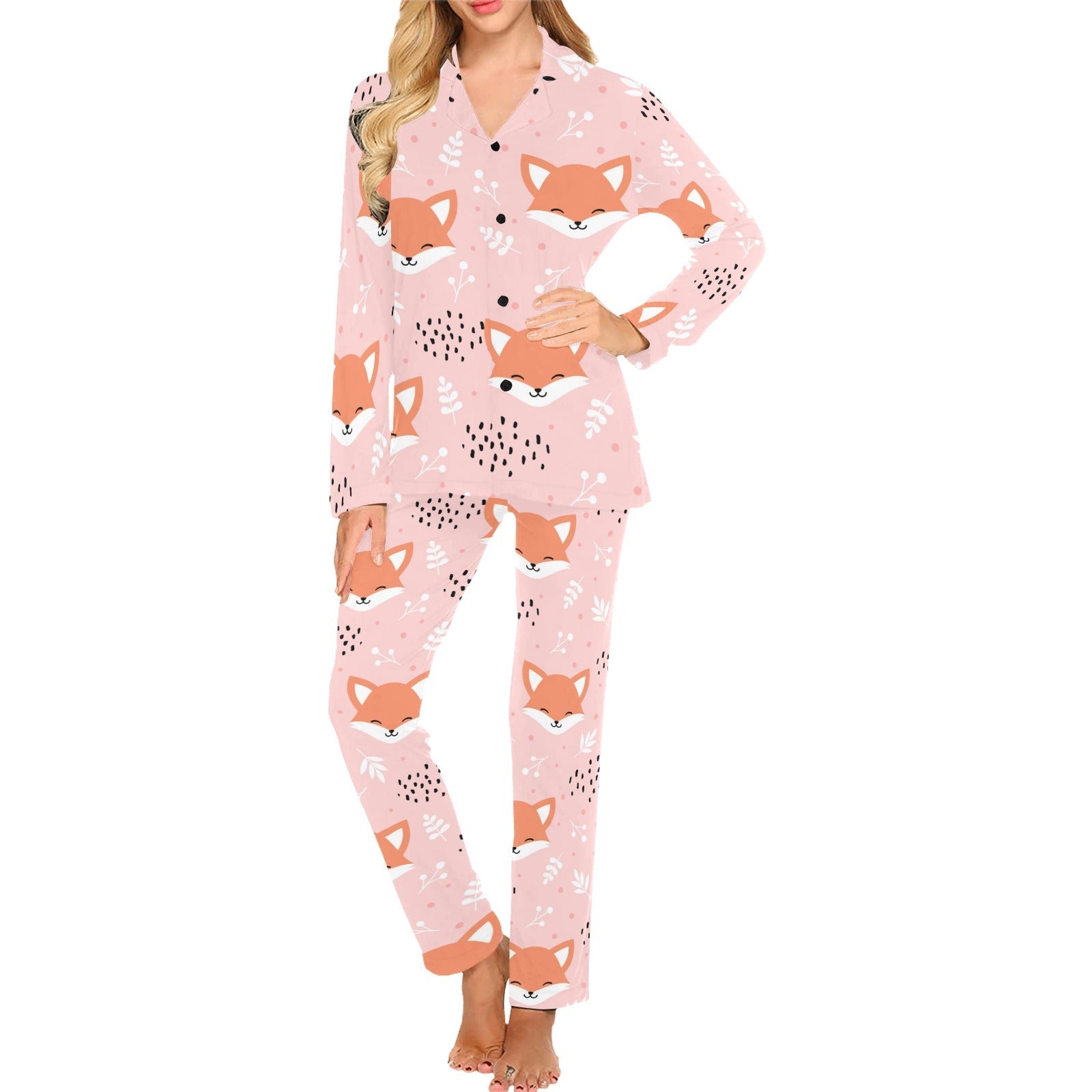 Cute fox pattern pink background Women's Long Pajama Set